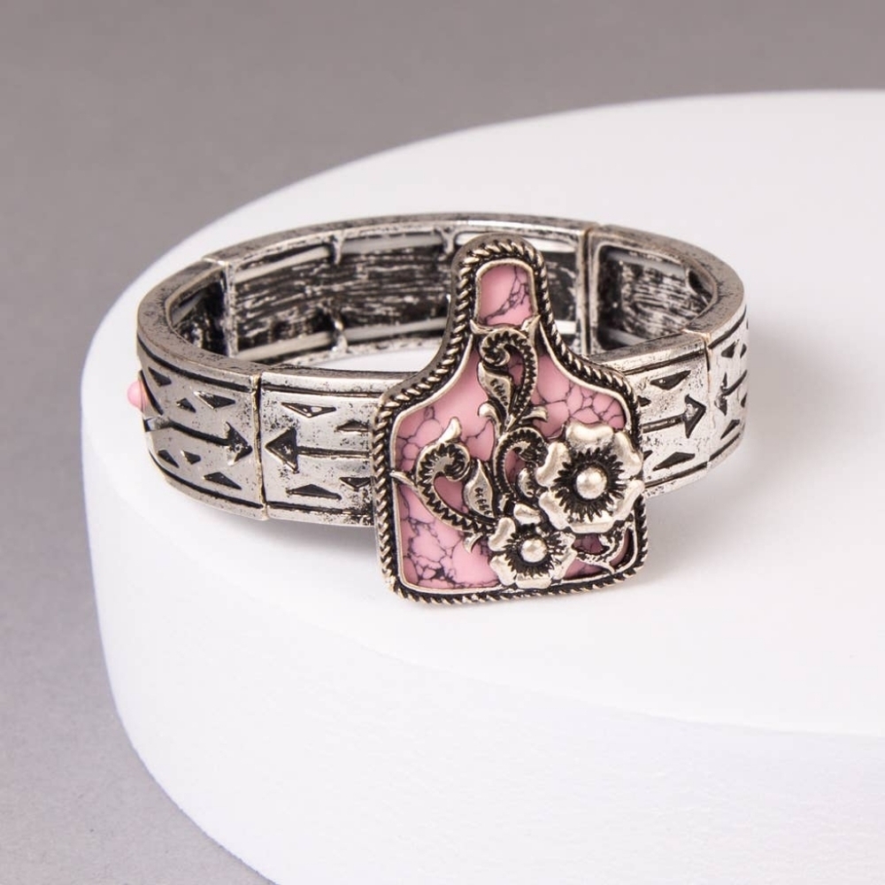 Western Pink Turquoise Cattle Tag Stretch Bracelet OS